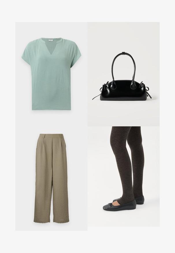 Blusa de mangas cortas verde menta con escote en V y un acabado texturizado. Tejido suave con un ajuste relajado y un drapeado sutil.; Pantalones de pierna ancha color caqui, confeccionados en tela texturizada, con cintura alta y sutiles pliegues para un mayor detalle. Acabado liso en la cinturilla.; Piernas con leggings oscuros acanalados combinados con bailarinas negras que presentan pequeños detalles de lazo sobre un fondo blanco.; Pequeño bolso negro brillante con dos asas largas y detalles de cordón lateral sobre un fondo claro liso.