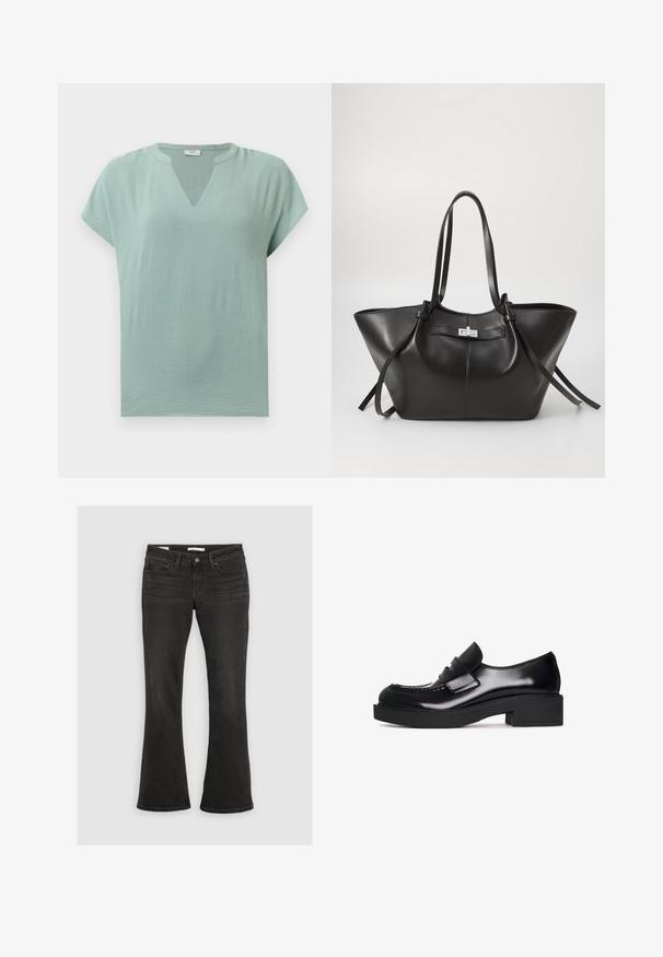 Blusa de mangas cortas verde menta con escote en V y un acabado texturizado. Tejido suave con un ajuste relajado y un drapeado sutil.; Jeans negros de corte bootcut con bolsillos delanteros, trabillas para cinturón y cierre de botón, mostrados planos sobre un fondo gris claro.; Mocasín de charol negro con punta redondeada, una correa decorativa en la parte delantera y un tacón grueso de bloque. Textura lisa y costuras mínimas.; Bolsa tote de cuero negro con una forma triangular amplia. Presenta un cierre metálico elegante, asas largas y una textura suave.