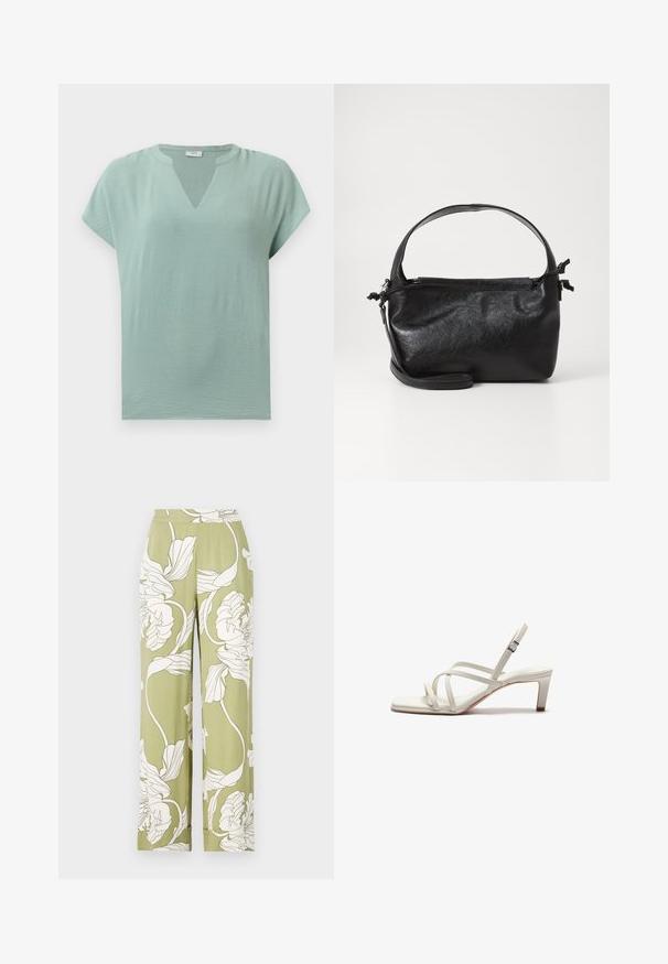 Blouse mint vert à manches courtes avec un col en V et une finition texturée. Tissu doux avec une coupe décontractée et un drapé subtil.; Pantalons larges à motif floral en vert clair avec des imprimés botaniques blancs. Dotés d'une taille élastique et d'un tissu doux et texturé.; Zign by Zalando Escarpins - off white; Sac à main en cuir noir au design structuré, avec une poignée arrondie et une bandoulière amovible. Présente une texture lisse et un éclat subtil.