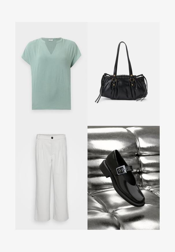Blusa de mangas cortas verde menta con escote en V y un acabado texturizado. Tejido suave con un ajuste relajado y un drapeado sutil.; Pantalones anchos y blancos hechos de una tela suave, con un frente plisado y una cinturilla elástica con un cierre de botón.; Zapato Mary Jane negro de cuero con punta cuadrada, acento de hebilla plateada y un tacón bajo y grueso, colocado sobre un fondo plateado brillante.; Bolso de mano de cuero negro con forma redondeada, asas dobles, acentos de hardware decorativo y detalles de lazo en los laterales. Textura lisa y brillante.