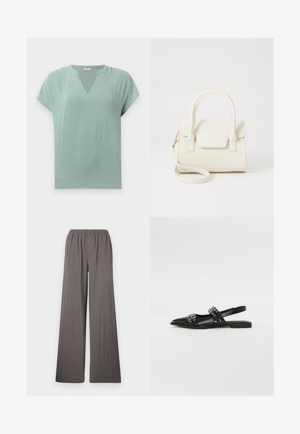 Muntgroene blouse met korte mouwen, een V-hals en een gestructureerde afwerking. Zacht stof met een losse pasvorm en subtiele drapering.; Brede broekspijpen in een gestructureerde, donkergrijze stof. Heeft een elastische tailleband en een gestikte zoom.; Even&Odd Slingback ballerina´s - black; Kleine witte handtas met dubbele handvatten, voorflap en afneembare schouderband met gouden gesp op een effen witte achtergrond.
