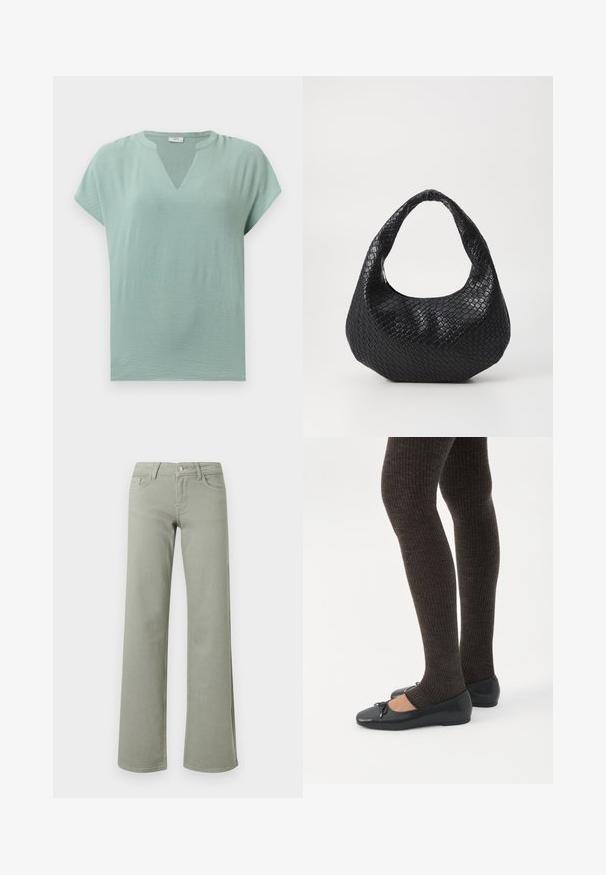 Muntgroene blouse met korte mouwen, een V-hals en een gestructureerde afwerking. Zacht stof met een losse pasvorm en subtiele drapering.; Lichtgroene rechte broek met hoge taille, tailleband, knoop, rits en voor- en achterzakken op een witte achtergrond.; Benen met donkere geribbelde leggings gecombineerd met zwarte ballerina's met kleine strikdetails op een witte achtergrond.; Zwarte geweven handtas met een gebogen handvat, met een gestructureerd oppervlak en een slouchy vorm. Gladde afwerking met een organische silhouette.