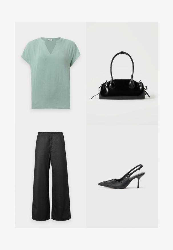 Blusa de mangas cortas verde menta con escote en V y un acabado texturizado. Tejido suave con un ajuste relajado y un drapeado sutil.; Pantalones de pierna ancha negros con bolsillos frontales y cintura alta, confeccionados con una tela suave, expuestos sobre un fondo claro y liso.; Sandal de tacón stiletto negro de cuero con punta afilada, correa lateral con hebilla, tachuelas a lo largo del borde y cordones decorativos en la parte delantera.; Pequeño bolso negro brillante con dos asas largas y detalles de cordón lateral sobre un fondo claro liso.