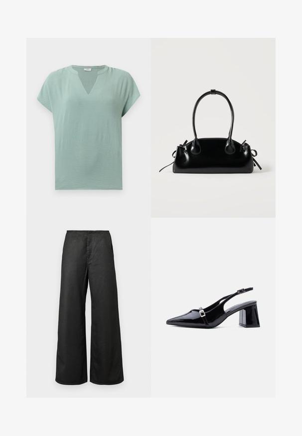 Muntgroene blouse met korte mouwen, een V-hals en een gestructureerde afwerking. Zacht stof met een losse pasvorm en subtiele drapering.; Zwarte wijde broek met zijzakken en een hoge taille, gemaakt van een gladde stof, gepresenteerd op een effen lichte achtergrond.; Zwarte slingback hak van lakleer met een spitse neus, lage blokhiel en twee kleine zilveren gespen op de bandjes.; Kleine zwarte glanzende handtas met twee lange hengsels en zijkant trekkoord details op een effen lichte achtergrond.