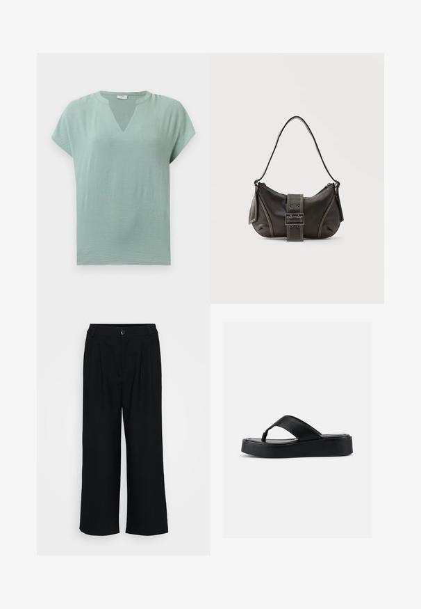 Blusa de mangas cortas verde menta con escote en V y un acabado texturizado. Tejido suave con un ajuste relajado y un drapeado sutil.; Pantalones de pierna ancha negros, confeccionados en una tela suave, con pliegues frontales, una cinturilla con cierre de botón y una silueta fluida.; Sandalia tipo chancleta negra con plataforma, correa ancha de cuero y suela acolchada, vista lateral sobre un fondo liso y claro.; Bolso de hombro de cuero negro con detalle de correa con hebilla, bordes curvos y costuras blancas en contraste sobre un fondo liso.