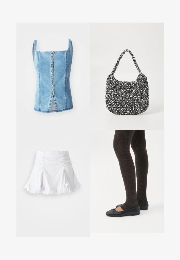 Denim püsiv, millel on ruudukujuline kaelus, sinine pesu, esine nööbiklapp dekoratiivsete kuldsete nuppudega, külgmised lõhed ja veidi kitsenev istuvus.; Valge seelik, mis on valmistatud tekstuursest kangast ning millel on rütmidetailid ja volangääred. Omab laienevat disaini ja hästi istuvat vööd.; Jalad seljas tumedad soonelises soonelises kombines mustade baleriinadega, millel on väikesed paelade detailid valgel taustal.; Mustri kott musta ja valgega, ümar kuju, tekstureeritud pind ja punutud käepide. Sobib igapäevaseks kasutamiseks.