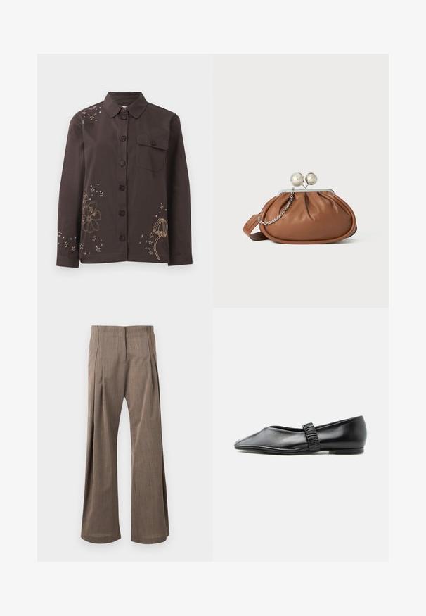 Chemise marron à boutons avec col, ornée de broderies florales et étoilées en or et bleu, et d'une poche sur la poitrine à gauche. En matériau coton.; Pantalon marron taille haute, coupe large, avec plis à l'avant et fermeture avant dissimulée, présenté sur un fond clair.; Chaussure plate en cuir noir avec une bride froncée sur le dessus et un bout légèrement pointu, présentée sur un fond uni.; Pochette en cuir marron avec un fermoir à boule en argent et un petit détail en chaîne argentée sur fond blanc.