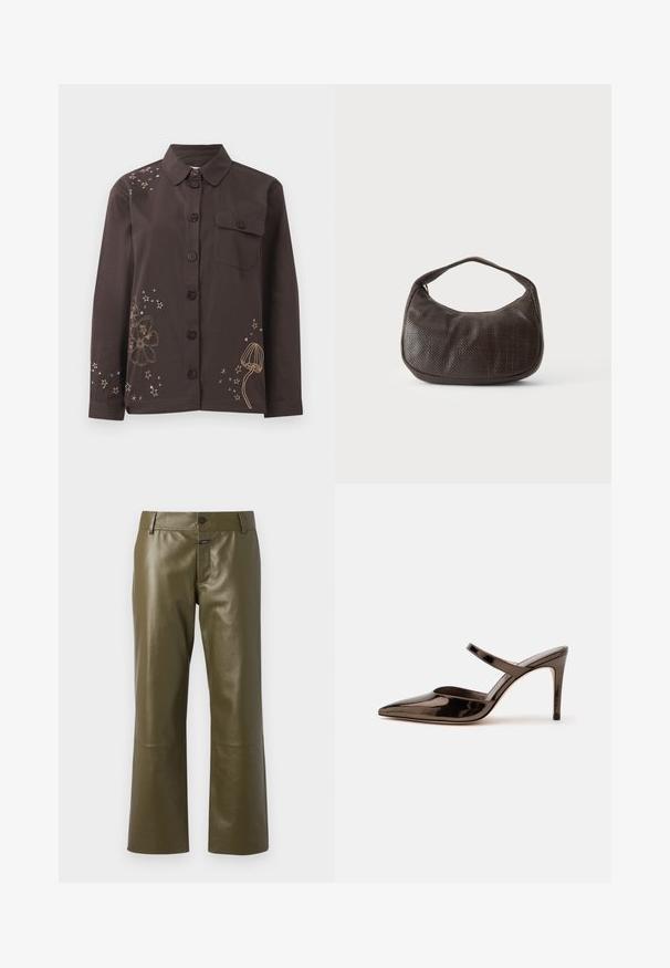 Pruuni nööbid-särk kraega, millel on lille- ja tähkembroidery kuld- ja sinise värviga ning vasakul rinna kohal tasku. Puuvillane materjal.; CLOSED SERANDON - Nahkpüksid - marsh green; Sädelevalt tumepruun terava ninaga kõrgete kontsadega sandaal, millel on kitsas rihm jalavõlvi üle, valgel ühevärvilisel taustal.; Väike tumepruun tekstuuriga käekott lühikese rihma ja ümarate põhjaosaga ühevärvilisel heledal taustal.