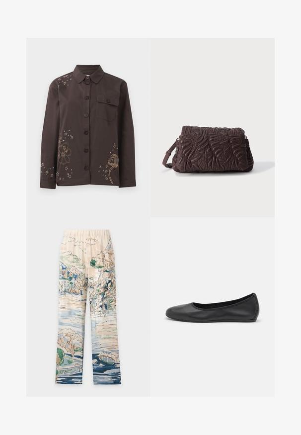 Chemise marron à boutons avec col, ornée de broderies florales et étoilées en or et bleu, et d'une poche sur la poitrine à gauche. En matériau coton.; Pantalon à larges jambes avec taille élastique présentant un imprimé style aquarelle d'un village au bord de la rivière, des arbres, des montagnes et un bateau sur l'eau.; Ballerines en cuir noir avec un bout rond, texture lisse, détails de couture minimalistes et design de semelle flexible.; Pochette en cuir marron foncé avec un motif de feuille en relief texturé et une bandoulière réglable sur fond blanc.