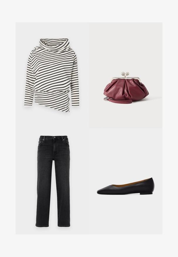 Haut asymétrique à manches longues crème avec des rayures noires, présentant un col haut et un design drapé à l'avant avec une finition texturée.; Jean en denim noir avec une coupe droite. Comprend une fermeture à bouton, un design à cinq poches et des détails de couture minimes. Texture lisse.; Chaussure plate en cuir noir à bout pointu avec talon bas et finition lisse, vue de côté sur un fond gris clair.; Petite pochette en cuir bordeaux avec fermoir en métal argenté et bracelet pour poignet sur fond blanc.