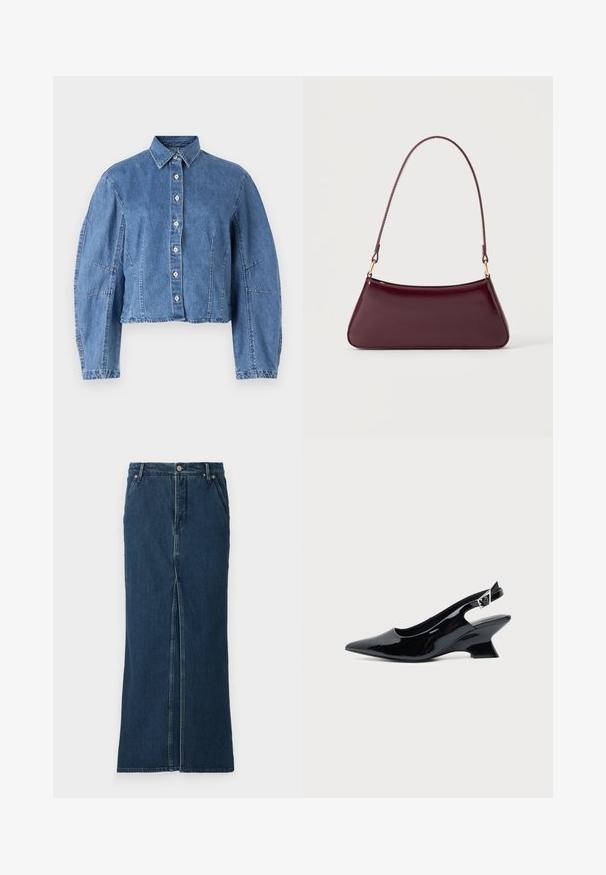 Veste en denim courte de couleur bleu clair, avec un devant à boutons, un col pointu et des manches bouffantes avec des coutures latérales.; Good American FIT AND FLARE MAXI SKIRT - Jupe en jean - indigo; Chaussure slingback en cuir verni noir avec bout pointu et petit talon bloc incliné sur fond clair uni.; Sac à main brillant bordeaux foncé avec une anse fine unique et une forme trapézoïdale élégante sur un fond clair uni.