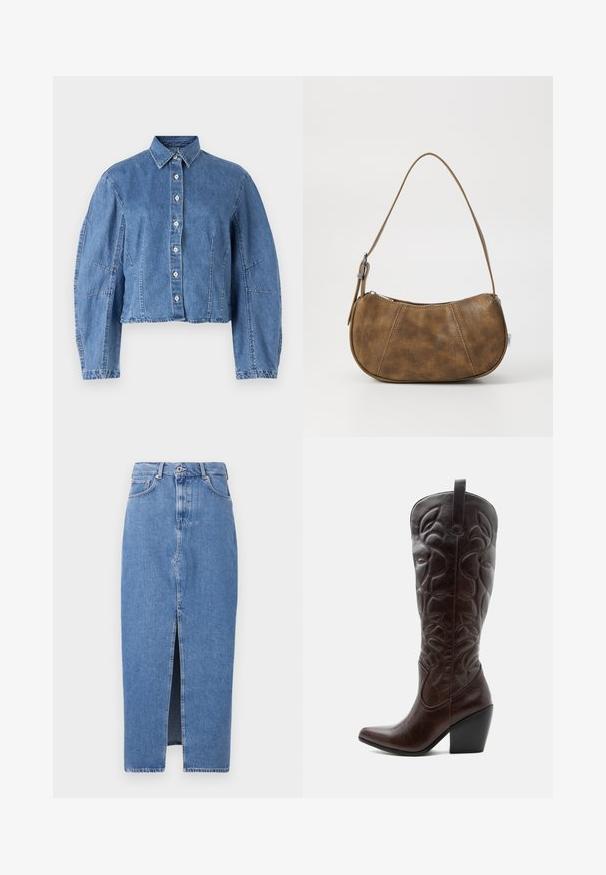 Lysblå cropped denimjakke med knaplukning, spidse kraver og pufærmer med sidesøm.; Lyseblå denim midi-nederdel med en frontslids, klassisk fem-lomme design og lukning med topknap. Stoffet har en let struktur.; Høj mørkebrun læder cowboystøvle med syede dekorative mønstre, spids tå og stablet blokhæle.; Brun faux læder skuldertaske med en buet form, en enkelt strop, kontrasterende syninger og en lynlåslukning langs den øverste kant.