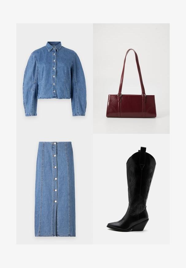 Lysblå cropped denimjakke med knaplukning, spidse kraver og pufærmer med sidesøm.; Lysblå denimnederdel med lige silhuet. Har en frontlukning med knapper, lodret syning og rå kant forneden.; Sort læder cowboystøvle med spidst tåparti, skråt blokhælhæl, dekorative sømme og trækstropper øverst mod hvid baggrund.; Bordeaux håndtaske lavet af glansfuldt materiale, rektangulær form, med to skulderremme og subtile buede detaljer på forsiden.