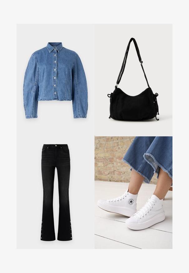 Veste en denim courte de couleur bleu clair, avec un devant à boutons, un col pointu et des manches bouffantes avec des coutures latérales.; ONLY ONLWAUW MID WAIST FLARED - Jean flare - washed black; Personne portant des baskets Converse blanches montantes avec des semelles épaisses et un jean bleu court à ourlet effiloché, contre un mur en briques et un sol blanc.; Sac à épaule en velours côtelé noir avec une forme courbée, bandoulière réglable et fermetures à cordon des deux côtés pour un ajustement de taille.