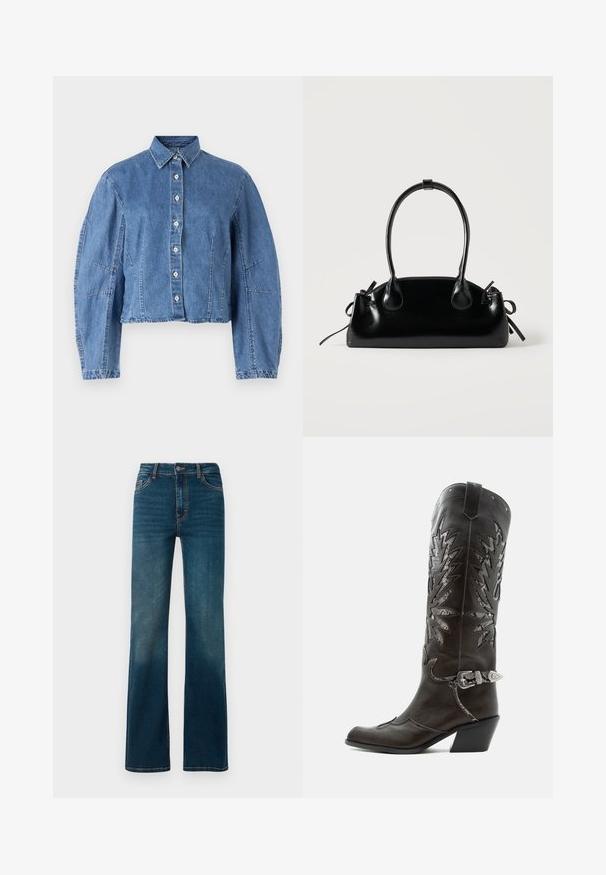 Lysblå cropped denimjakke med knaplukning, spidse kraver og pufærmer med sidesøm.; Mørkeblå, højtaljede jeans med lige ben. Lavet af denim, med kontrastsyninger og et klassisk fem-lomme design.; Sort læder cowboystøvle med dekorative udskæringer, sølvspænde og skrå hæl, vist på hvid baggrund.; Lille sort blank håndtaske med to lange håndtag og snøre-detaljer i siden på en ensfarvet lys baggrund.