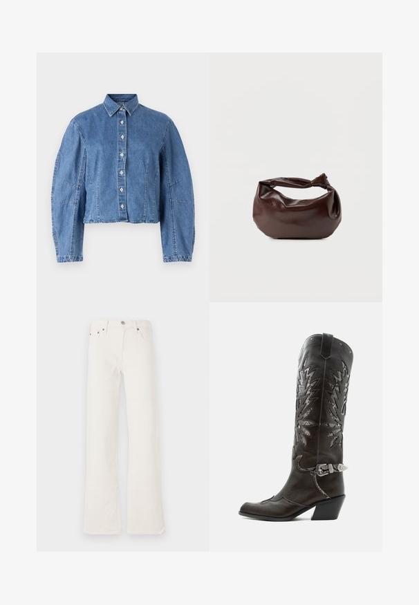Lysblå cropped denimjakke med knaplukning, spidse kraver og pufærmer med sidesøm.; Hvide flared jeans lavet af denim, med høj talje, fem lommer og dobbelt syninger, samt hardware-accenter i kobbertone.; Sort læder cowboystøvle med dekorative udskæringer, sølvspænde og skrå hæl, vist på hvid baggrund.; Mørkebrun læder skuldertaske med en blød, afslappet form og et snoet knudehåndtag på en ensartet hvid baggrund.