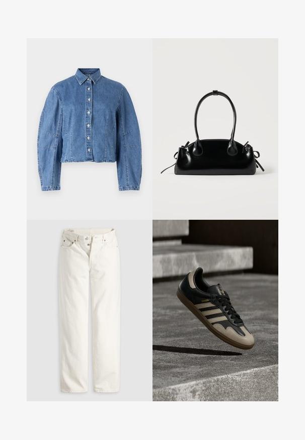 Lysblå cropped denimjakke med knaplukning, spidse kraver og pufærmer med sidesøm.; Hvide jeans med høj talje, lige ben, knaplukning, lommer foran og bagpå samt synlige kobbernitter i lommekanterne.; Sort og beige lædersneaker med tre hvide striber, tanfarvet gummisål og gyldent "Samba"-detalje på siden.; Lille sort blank håndtaske med to lange håndtag og snøre-detaljer i siden på en ensfarvet lys baggrund.
