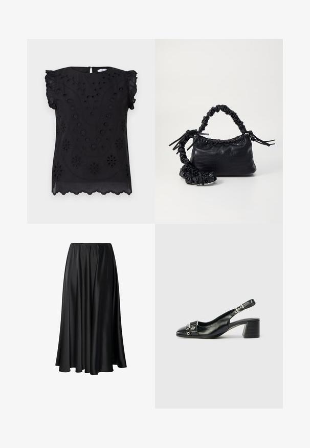 Top negro de manga corta con bordado floral y detalles de ojales, con un escote redondo y un dobladillo con forma de ondas.; Falda maxi negra de tejido suave, con una cinturilla elástica, silueta amplia y un dobladillo fluido sin patrones o detalles visibles.; Tacón slingback de cuero negro con punta afilada, correa texturizada con acentos metálicos circulares y tacón cuadrado apilado.; Bolso de mano de imitación cuero negro con textura de cocodrilo, parte superior fruncida y correa arrugada. Presenta un diseño suave y compacto.