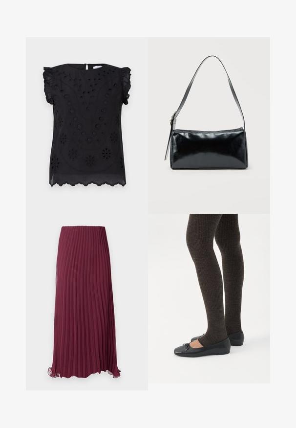 Top negro de manga corta con bordado floral y detalles de ojales, con un escote redondo y un dobladillo con forma de ondas.; Larga falda de color burdeos con pliegues, hecha de un tejido ligero, con una cintura elástica y un dobladillo ligeramente rizado. Pliegues verticales texturizados en toda la prenda.; Piernas con leggings oscuros acanalados combinados con bailarinas negras que presentan pequeños detalles de lazo sobre un fondo blanco.; Bolso de hombro rectangular negro con una correa ajustable y un cierre de cremallera superior sobre un fondo liso.