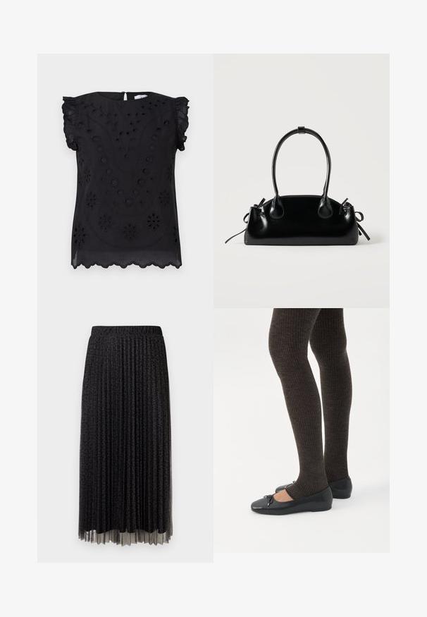 Haut noir à manches courtes avec broderies florales et détails en œillets, col rond et ourlet festonné.; Jupe midi plissée noire avec un léger motif léopard, taille élastique et texture transparente à l'ourlet.; Jambes portant des leggings côtelés foncés associés à des ballerines noires avec de petits détails en nœud sur fond blanc.; Petit sac à main noir brillant avec deux longues anses et des détails à cordon sur les côtés sur un fond clair uni.
