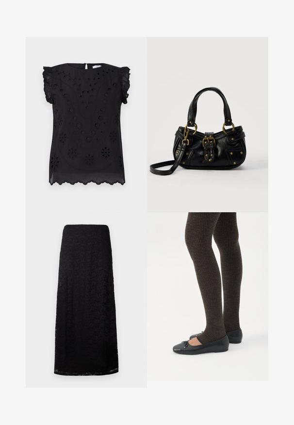 Zwart T-shirt met korte mouwen, versierd met bloemendetails en perforaties, met een ronde halslijn en een golvende zoom.; Zwarte kanten midi-skirt met bloemenpatroon, rechte snit en subtiele textuur, gepresenteerd tegen een effen witte achtergrond.; Benen met donkere geribbelde leggings gecombineerd met zwarte ballerina's met kleine strikdetails op een witte achtergrond.; Zwarte leren handtas met gouden gesp en klinknagel details, korte handvatten en een verstelbare schouderriem op een effen witte achtergrond.