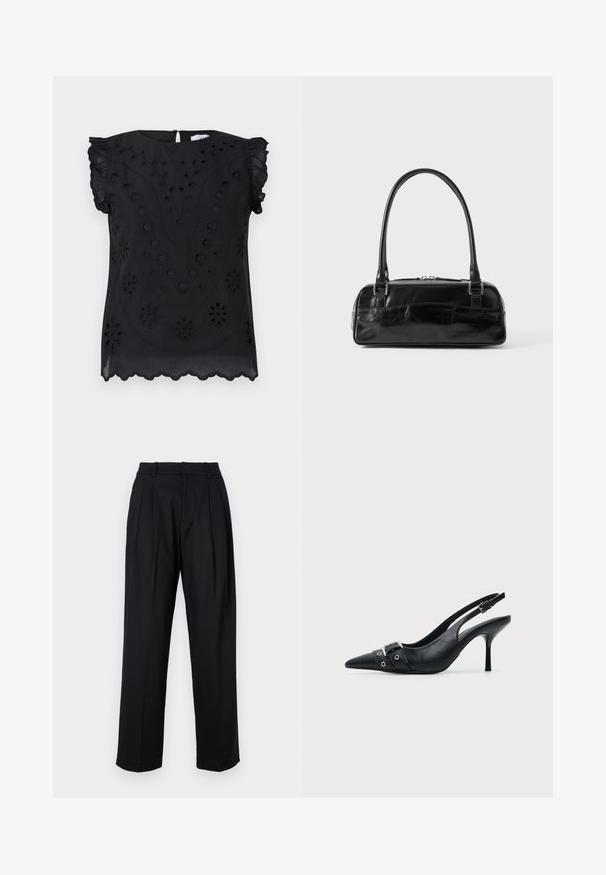 Haut noir à manches courtes avec broderies florales et détails en œillets, col rond et ourlet festonné.; Pantalons noirs au design ajusté, avec une taille haute, des plis et une coupe droite. Fabriqués en tissu lisse de couleur unie.; Escarpin slingback à talon haut en cuir noir avec bout pointu, boucle et détail de bride œillet à l'avant.; Sac à main en cuir noir de forme rectangulaire, doté d'une seule ansse structurée, de quincaillerie argentée et d'une fermeture éclair. Texture lisse.