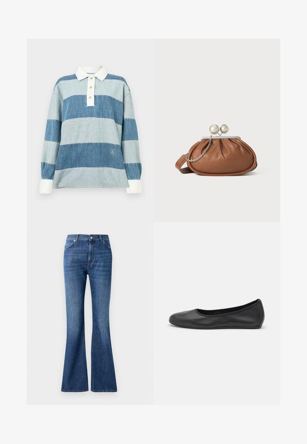 Chemise en denim avec des rayures horizontales de différentes nuances de bleu, dotée d'un col blanc et d'une patte de boutonnage à trois boutons. Logo brodé à l'ourlet.; Jeans évasés bleus en denim, dotés d'une taille haute, de cinq poches et d'un léger effet d'usure près des coutures.; Ballerines en cuir noir avec un bout rond, texture lisse, détails de couture minimalistes et design de semelle flexible.; Pochette en cuir marron avec un fermoir à boule en argent et un petit détail en chaîne argentée sur fond blanc.