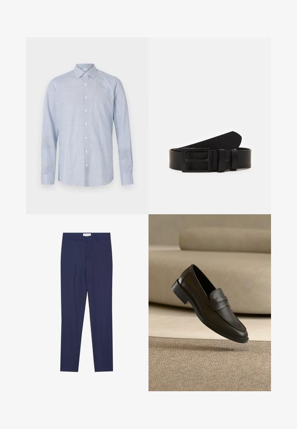 Chemise à manches longues boutonnée en bleu clair avec un motif géométrique et des boutons blancs, dotée d'un col pointu et d'une coupe décontractée.; Pantalons de costume navy en tissu lisse, dotés d'un devant plat, de deux poches latérales, d'une fermeture éclair et d'un ourlet net sans motifs ni accents.; Chaussure loafer en cuir noir reposant sur un tapis beige avec un canapé beige courbé en arrière-plan.; Ceinture en cuir noir roulée avec une boucle en métal rectangulaire noir mat et deux passants sur fond blanc.