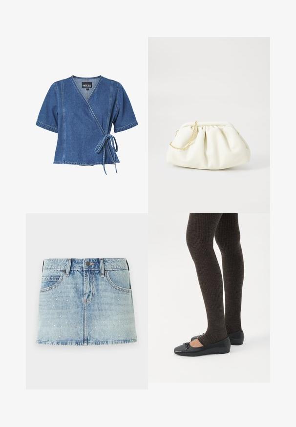 Dunkelblaues Denim-Wickeloberteil mit kurzen Ärmeln, einem V-Ausschnitt und einer Bindeschleife an der Taille. Verfügt über kontrastierende Nähte und einen lockeren Schnitt.; Jeans-Minirock in Hellblau mit verstreuten silbernen Nieten, Fünf-Taschen-Design und ausgefranstem Saum. Knopfverschluss an der Taille.; Beine in dunklen, gerippten Leggings kombiniert mit schwarzen Ballerinas mit kleinen Schleifendetails auf weißem Hintergrund.; Weiße Lederhandtasche mit einem gerafften Design, ausgestattet mit einem goldenen Kettenriemen und einer runden Form. Glatte Textur mit sanften Falten und ohne Muster.