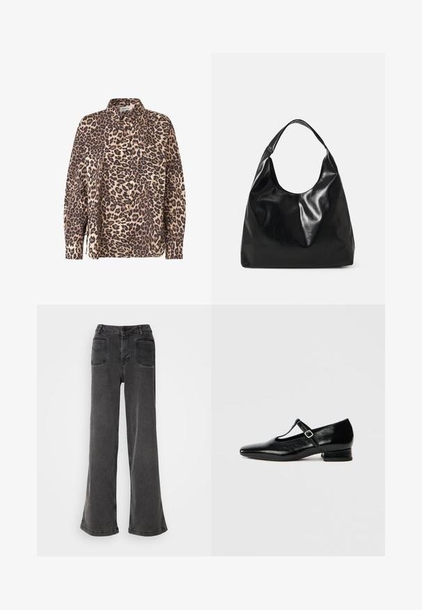 Chemise à boutons en imprimé léopard dans un tissu beige et marron. Elle a des manches longues, un col et une poche poitrine.; Jean noir taille haute à jambes larges en denim, avec une fermeture à bouton, des passants de ceinture et deux poches arrière avec des accents cousus.; Chaussures Mary Jane en cuir noir avec bout pointu, petit talon carré et bride ajustable avec une boucle argentée. Texture lisse et brillante.; Sac hobo en cuir noir avec une texture douce et brillante et un haut ouvert arrondi. Dispose d'une large sangle courbée pour le transport. Pas de matériel visible.