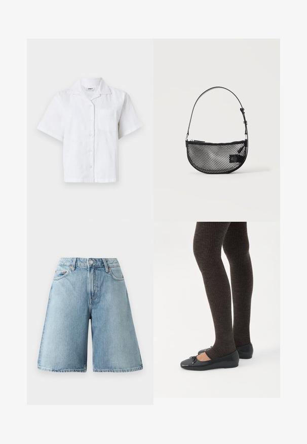 Korte mouwen witte shirt met een textuurpatroon, knoopsluiting en borstzak. Gemaakt van lichtgewicht stof met een relaxte pasvorm.; Lichtblauwe denim shorts met een losse pasvorm, middelhoog taille, vijf zakken en contrasterende stikdetails. De stof heeft een zachte textuur.; Benen met donkere geribbelde leggings gecombineerd met zwarte ballerina's met kleine strikdetails op een witte achtergrond.; Zwarte mesh halve maan handtas met een korte verstelbare leren riem en ritssluiting op een effen lichte achtergrond.