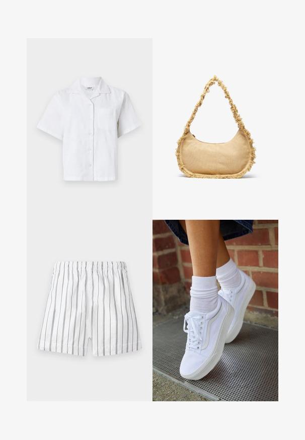 Korte mouwen witte shirt met een textuurpatroon, knoopsluiting en borstzak. Gemaakt van lichtgewicht stof met een relaxte pasvorm.; Witte shorts met dunne verticale grijze strepen, een elastische tailleband en een comfortabele pasvorm. Gemaakt van lichtgewicht stof voor ademend vermogen.; Witte canvas sneakers met rubberen zolen, voorzien van zes vetertjes, een ronde neus en lichte stikdetails, gecombineerd met witte enkelsokken.; Geverfde beige tas met een ronde vorm, rafelige rand langs de randen en een korte schouderband. Ritsopening aan de bovenkant.