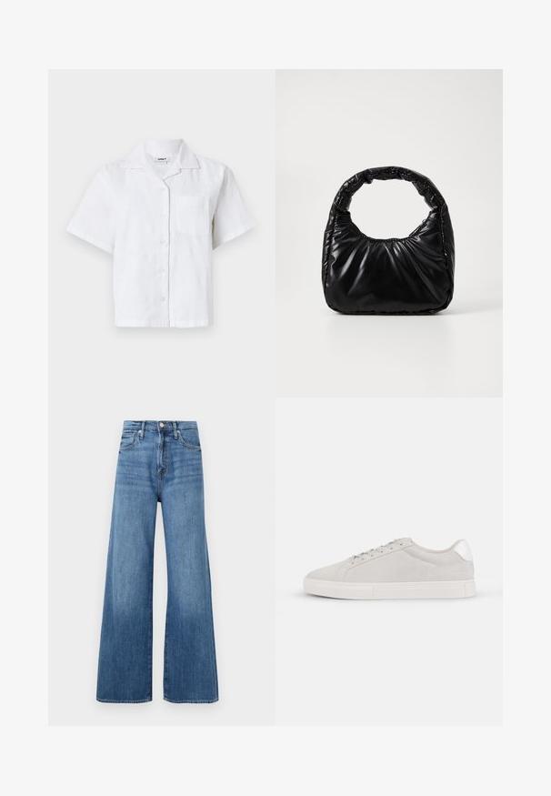 Kortærmet hvid skjorte med struktureret mønster, knaplukning foran og brystlomme. Fremstillet af let materiale med en afslappet pasform.; Blå højtaljede vidde jeans med knap- og lynlåslukning, forlommer og diskret fading på stoffet.; Lys grå ruskinds sneaker med rund tå, flad hvid sål og sølvfarvet hæl accent. Snørebåndsdesign med minimale syninger.; Sort polstret håndtaske med et rundt håndtag, der har en glat, skinnende overflade og en blød, kviltet tekstur. Ingen synlige hardware eller accenter.