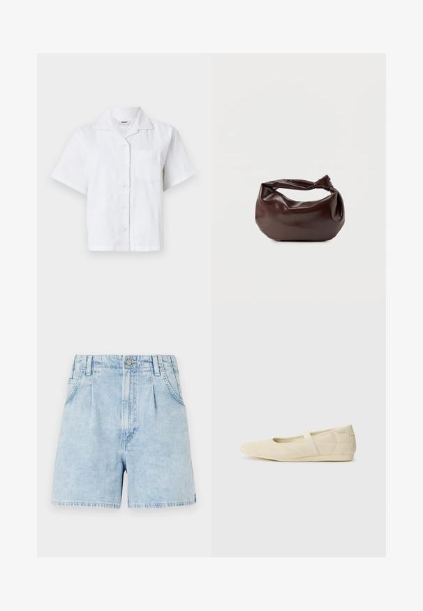 Kortærmet hvid skjorte med struktureret mønster, knaplukning foran og brystlomme. Fremstillet af let materiale med en afslappet pasform.; Lyseblå denimshorts med høj talje, der har frontfolder, to sidelommer og lukning med knap. Blødt, struktureret stof.; Lysebrune ballet flats med en glat læderoverflade, mandelformet tå og elastisk rem over vristen, med diskrete syninger.; Mørkebrun læder skuldertaske med en blød, afslappet form og et snoet knudehåndtag på en ensartet hvid baggrund.
