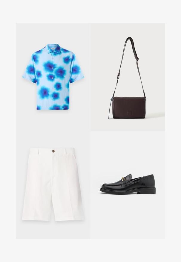 Kortærmet skjorte med en lyseblå bund, prydet med blå og mørkeblå abstrakte blomstermønstre og fem knapper foran.; Hvide bermuda-shorts lavet af letvægtsstof med en afslappet pasform, der har en enkelt brun knap og frontlommer.; Sorte læder loafers med en rund tå, der har guld hardware accent og syningsdetaljer, placeret på en lav, tekstureret gummisål.; Mørkebrun textured læder crossbody taske med justerbar rem og lille dekorativ blå accent på siden.