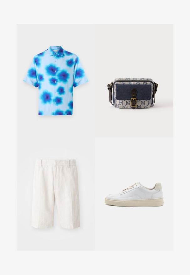 Kortærmet skjorte med en lyseblå bund, prydet med blå og mørkeblå abstrakte blomstermønstre og fem knapper foran.; Linnedeleshorts i lys beige med elastisk talje, sidelommer og lige snit. Glat tekstur med minimal synlig syning.; Hvide sneakers med en glat læderoverdel, beige snørebånd og en tekstureret beige ruskindsheel-tab. Hævet sål for ekstra højde.; Lille rektangulær blå og hvid mønstret crossbody taske med forreste navy lomme, sort læder spænde rem og justerbar skulderrem.