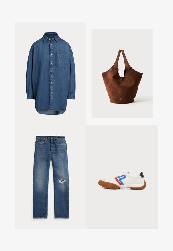 Chemise en denim bleu foncé à boutons. Dotée d'une poche poitrine, de manches longues et d'une coupe décontractée. Détails de couture subtils le long des coutures.; Jean en denim bleu avec une taille mi-haute, cinq poches et une déchirure effilochée au genou droit.; Baskets blanches avec semelle marron, bandes bleues et rouges sur le côté et languette noire au talon, présentées de profil sur un fond clair.; Grand sac fourre-tout en daim marron avec deux poignées, une petite sangle à bouton et un logo blanc brodé près du centre inférieur.