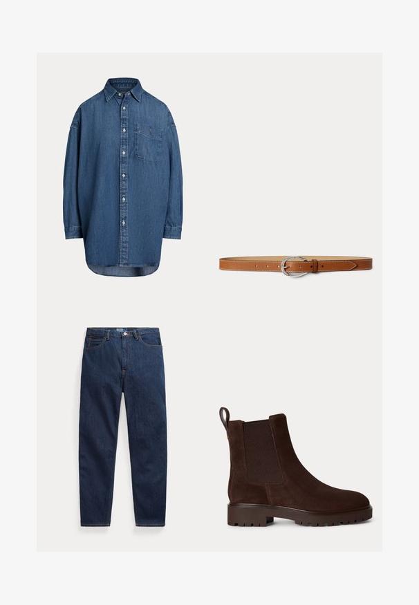 Mørkeblå denim skjorte med knapper. Har en brystlomme, lange ærmer og en afslappet pasform. Diskrete syningsdetaljer langs sømmene.; Mørkeblå denimjeans med fem lommer, knaplukning og lige ben, lagt fladt på en hvid baggrund.; Mørkebrun ruskind Chelsea-støvle med elastiske sidepaneler, chunky sål med groft mønster og trækflig bagpå.; Brunt læderbælte med sølv oval spænde og hvide sting, lagt fladt på en lysegrå baggrund.