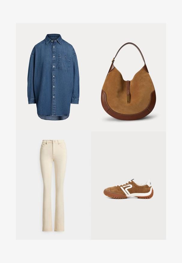 Dunkelblaue Denim-Knopfhemd. Mit einer Brusttasche, langen Ärmeln und einem lockeren Schnitt. Dezente Nähte entlang der Nähte.; Beige Jeans mit ausgestelltem Bein und hoher Taille, zwei vorderen Taschen und Knopfverschluss. Glatte Textur und minimale Nähte.; Brauner Wildleder-Niedrigschnitt-Sneaker mit weißen Akzenten, Gummisohle, weißen Schnürsenkeln und Polo-Logo an der Seite und an der Ferse, seitlich dargestellt.; Braune Wildleder- und Lederhandtasche in Halbmondform mit einem einzelnen Riemen und einer goldfarbenen rechteckigen Schnalle vorne in der Mitte.