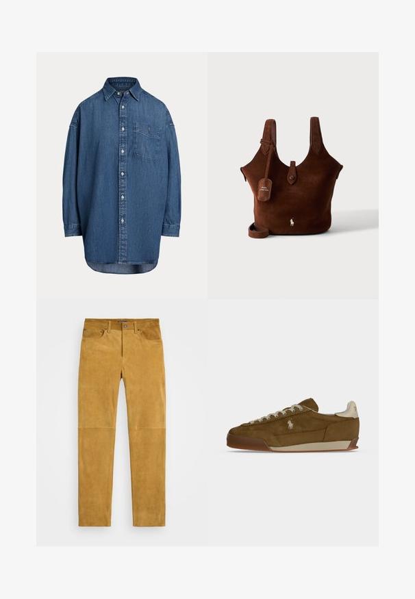 Mørkeblå denim skjorte med knapper. Har en brystlomme, lange ærmer og en afslappet pasform. Diskrete syningsdetaljer langs sømmene.; Lyse ruskindsbukser med en glat tekstur, fem lommer og et lige ben-design. Har metalbeslag ved lommerne og en knaplukning.; Brun ruskind sneaker med cremefarvede snørebånd, tyk sål og et lille hvidt broderet logo på siden.; Brun ruskindstaske med to skulderstropper, knaplukning og Polo Ralph Lauren-logo på fronten og hængende mærke.