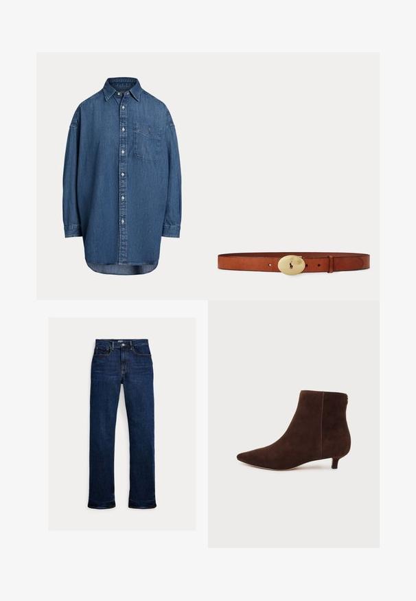 Dunkelblaue Denim-Knopfhemd. Mit einer Brusttasche, langen Ärmeln und einem lockeren Schnitt. Dezente Nähte entlang der Nähte.; Dunkelblaue Straight-Leg-Denim-Jeans mit Frontknopf und Reißverschluss, Fünf-Taschen-Design und sichtbaren Nähten.; Dunkelbrauner Wildleder-Stiefelette mit spitzer Zehenkappe und niedrigem Kitten-Heel, von der Innenseite auf weißem Hintergrund gezeigt.; Brauner Ledergürtel mit glänzender goldener ovaler Schnalle mit Silhouette eines Polospielers, der einen Schläger hält.