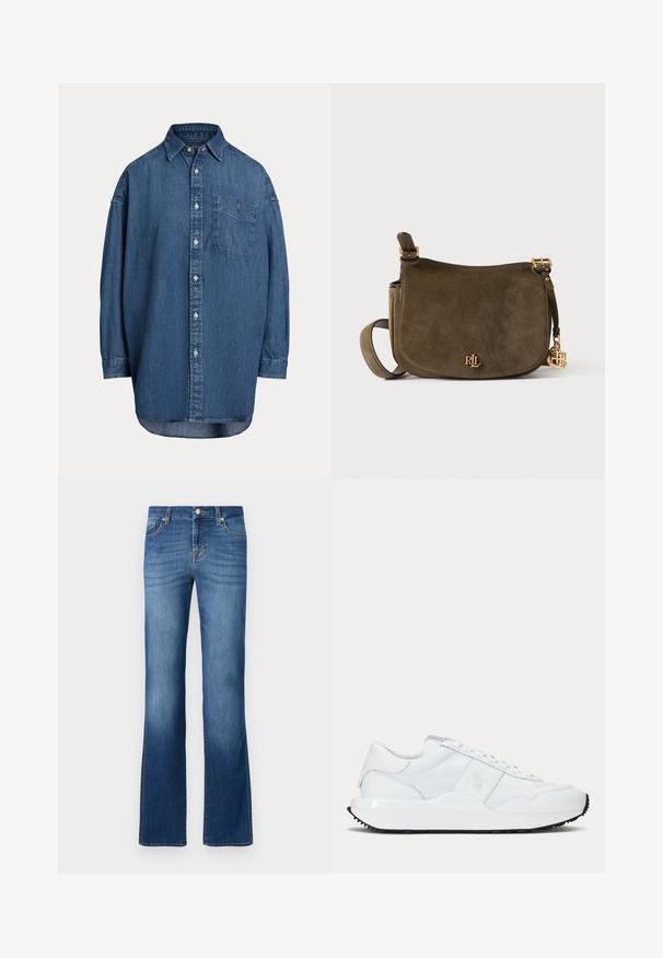 Denim košeľa s gombíkmi v tmavomodrej farbe. Má náprsné vrecko, dlhé rukávy a voľný strih. Diskrétne švy pozdĺž švov.; Modré denimové rozšírené džínsy so klasickým päť-vreckovým dizajnom, s faded umývaním, zlatým stehom a gombíkovým zapínaním v páse.; Biele nízke tenisky s hladkými a struktúrovanými panelmi, so šnurovaním vpredu a jemným reliéfnym logom na boku.; Olivovo zelená semišová kabelka cez rameno so zlatým logom a príveskom "RL", nastaviteľným popruhom a zapínaním na klopu na neutrálnom pozadí.