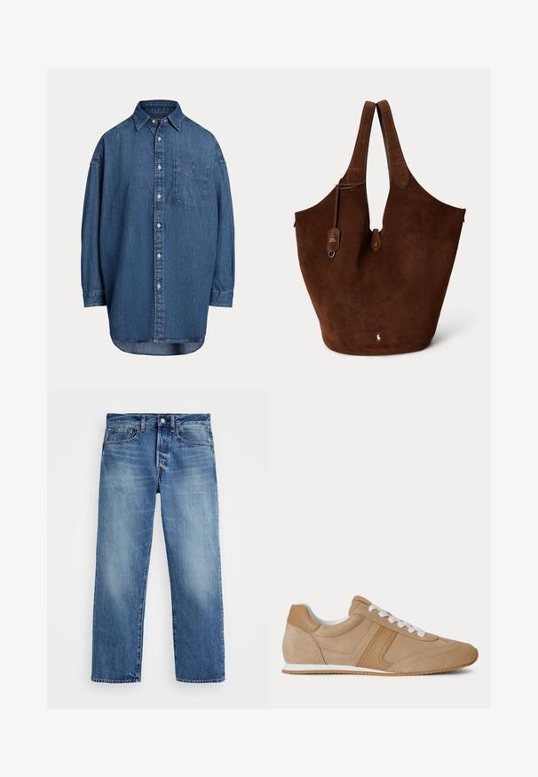 Mørkeblå denim skjorte med knapper. Har en brystlomme, lange ærmer og en afslappet pasform. Diskrete syningsdetaljer langs sømmene.; Lysblå denim bukser med lige snit, fem lommer, bæltestropper og kobberknaplukning. Afblegede områder giver struktur.; Lysebrun ruskind og læder lavtop-sneaker med hvide snørebånd og hvid gummisål vist fra siden på en hvid baggrund.; Brun ruskindstaske med brede håndtag, et lille lædermærke og en hvid broderet logo nær bunden i midten.