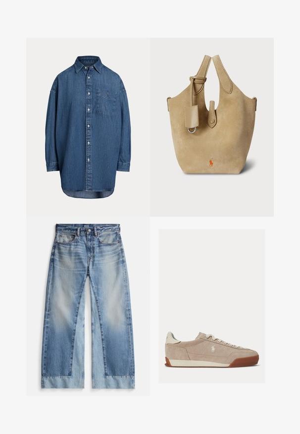 Mørkeblå denim skjorte med knapper. Har en brystlomme, lange ærmer og en afslappet pasform. Diskrete syningsdetaljer langs sømmene.; Lyseblå jeans med vide ben og en falmet vask, der har to lommer foran, knaplukning og frynsete kanter. Fremstillet af denimstof.; Beige ruskind lavtop sneaker med hvide snørebånd, hvidt logo på siden og brun gummisål.; Beige ruskindstaske med to buede håndtag, en glat læderdetalje og en orange logo foran. Kompakt og struktureret form.