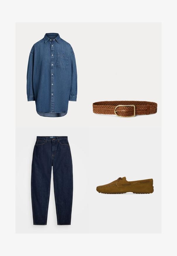 Dunkelblaue Denim-Knopfhemd. Mit einer Brusttasche, langen Ärmeln und einem lockeren Schnitt. Dezente Nähte entlang der Nähte.; Dunkelblaue Denim-Jeans mit geradem Bein, ausgestattet mit orangen Nähten, einem vorderen Knopfverschluss und fünf Taschen.; Brauner Wildleder-Mokassin-Slipper mit Schnüroberfläche und Gummisohle mit Grip, von der Seite auf weißem Hintergrund gezeigt.; Brauner geflochtener Ledergürtel mit einer goldenen rechteckigen Schnalle und einer Lederschlaufe auf weißem Hintergrund.