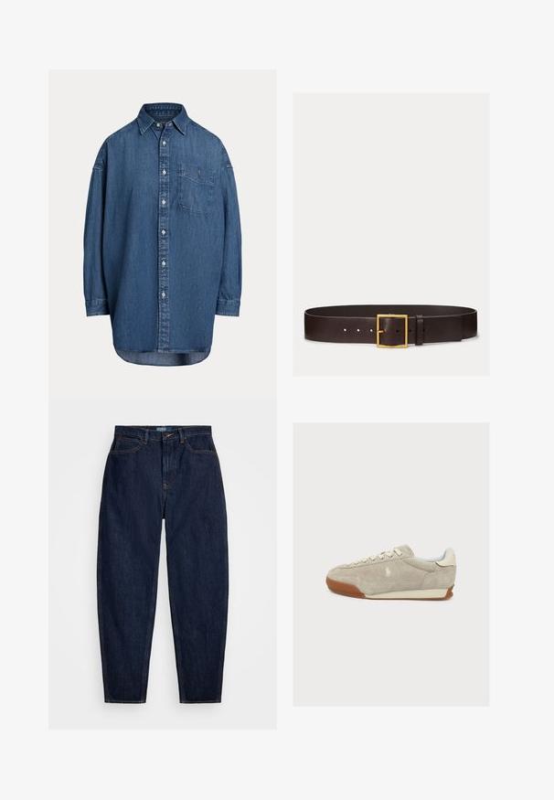 Dunkelblaue Denim-Knopfhemd. Mit einer Brusttasche, langen Ärmeln und einem lockeren Schnitt. Dezente Nähte entlang der Nähte.; Dunkelblaue Denim-Jeans mit geradem Bein, ausgestattet mit orangen Nähten, einem vorderen Knopfverschluss und fünf Taschen.; Beiger Wildleder-Sneaker mit weißen Schnürsenkeln, Gummisohle und kleinem gesticktem Logo an der Seite, von links auf weißem Hintergrund gesehen.; Dunkelbrauner Ledergürtel mit glatter Textur und goldener rechteckiger Schnalle, fünf Einstelllöchern und Lederschlaufe auf weißem Hintergrund.