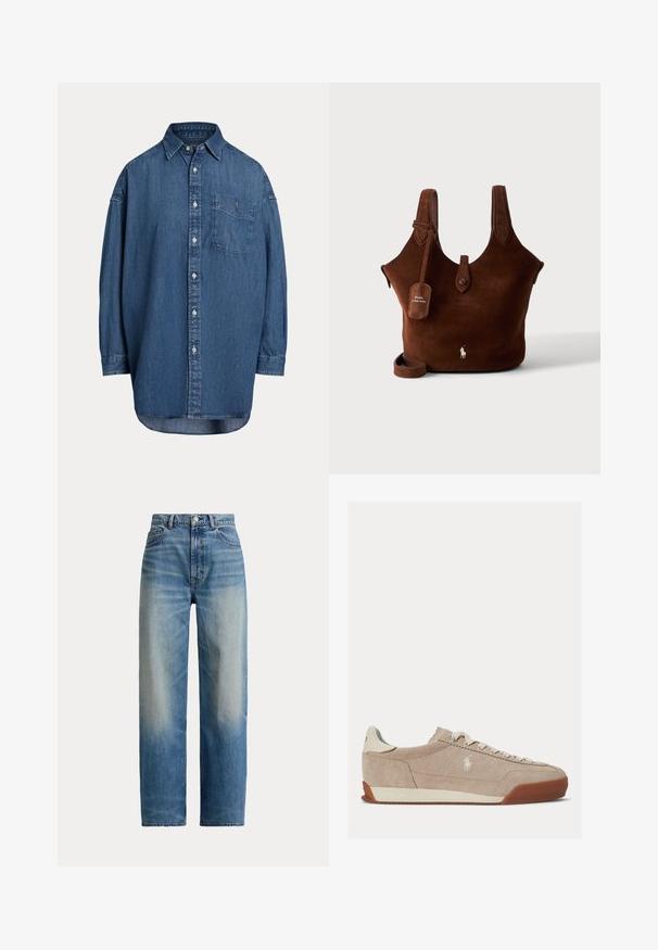 Mørkeblå denim skjorte med knapper. Har en brystlomme, lange ærmer og en afslappet pasform. Diskrete syningsdetaljer langs sømmene.; Blå jeans med høj talje og lige ben, der er falmet foran og har klassisk fem-lomme design, knaplukning og lynlås.; Beige ruskind lavtop sneaker med hvide snørebånd, hvidt logo på siden og brun gummisål.; Brun ruskindstaske med to skulderstropper, knaplukning og Polo Ralph Lauren-logo på fronten og hængende mærke.
