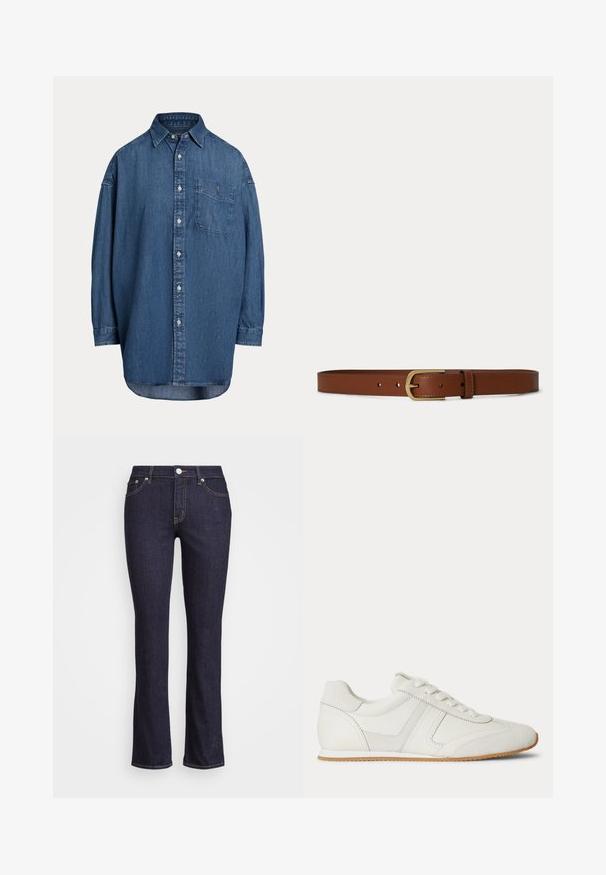 Mørkeblå denim skjorte med knapper. Har en brystlomme, lange ærmer og en afslappet pasform. Diskrete syningsdetaljer langs sømmene.; Mørkeblå denim flare jeans med høj talje, med knap- og lynlåslukning, fem lommer og kontrastsyninger.; Hvid lavtop sneaker med snørelukning foran, ruskind- og læderpaneler og en lysebrun gummisål på en hvid baggrund.; Brunt læderbælte med en guldfarvet rektangulær spændelås og flere justeringshuller på hvid baggrund.