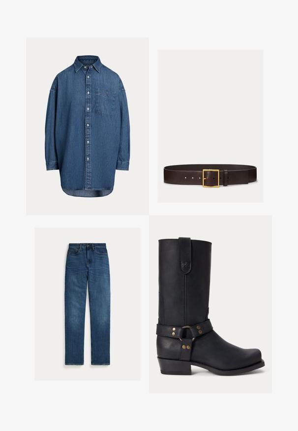 Dunkelblaue Denim-Knopfhemd. Mit einer Brusttasche, langen Ärmeln und einem lockeren Schnitt. Dezente Nähte entlang der Nähte.; Straight-leg blaue Denim-Jeans mit fünf Taschen, Knopfverschluss und subtilen Verwaschungen an Oberschenkeln und Knien, flach auf weißem Hintergrund gelegt.; Schwarzer Lederstiefel bis zur Mitte der Wade mit niedrigem Absatz, rundem Vorderfuß und dekorativem Riemen mit Metallnieten und Ring um den Knöchel.; Dunkelbrauner Ledergürtel mit glatter Textur und goldener rechteckiger Schnalle, fünf Einstelllöchern und Lederschlaufe auf weißem Hintergrund.