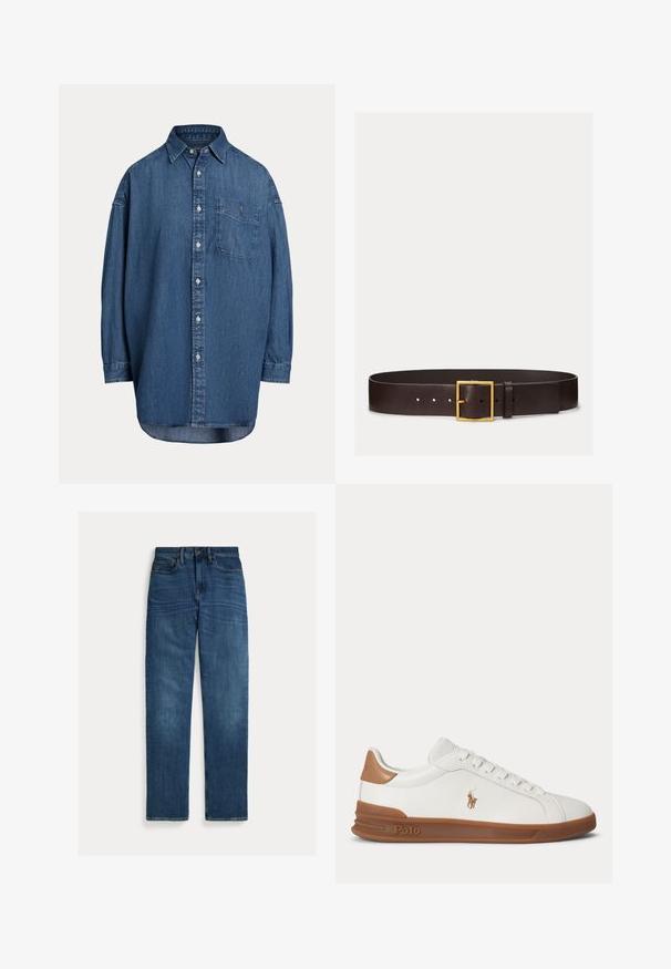 Mørkeblå denim skjorte med knapper. Har en brystlomme, lange ærmer og en afslappet pasform. Diskrete syningsdetaljer langs sømmene.; Straight-leg blå denim jeans med fem lommer, knaplukning og subtil falmning på lår og knæ, lagt fladt på hvid baggrund.; Hvid lavskoet sneaker med brun sål og hæl, broderet Polo-logo på siden og hvide snørebånd.; Mørkebrun læderbælte med glat tekstur og guldfarvet rektangulært spænde, fem justeringshuller og en læderløkke på hvid baggrund.